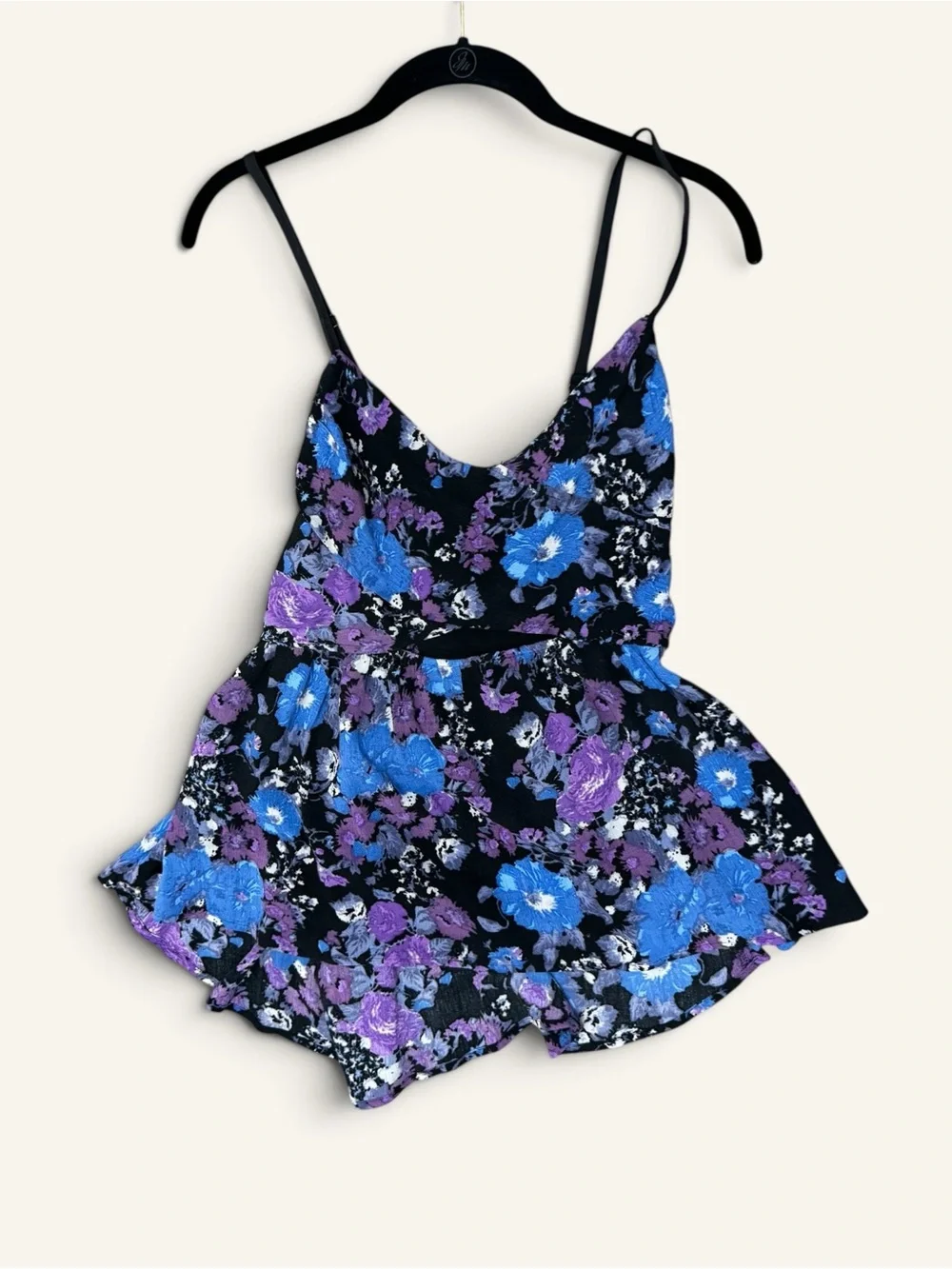 Vintage FREE PEOPLE Floral Midnight  Peplum Cut-Out Crisscross Back Tank Size L